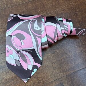 Emilio Pucci 100% Silk Pink & Brown Abstract Pattern Tie, Made in Italy